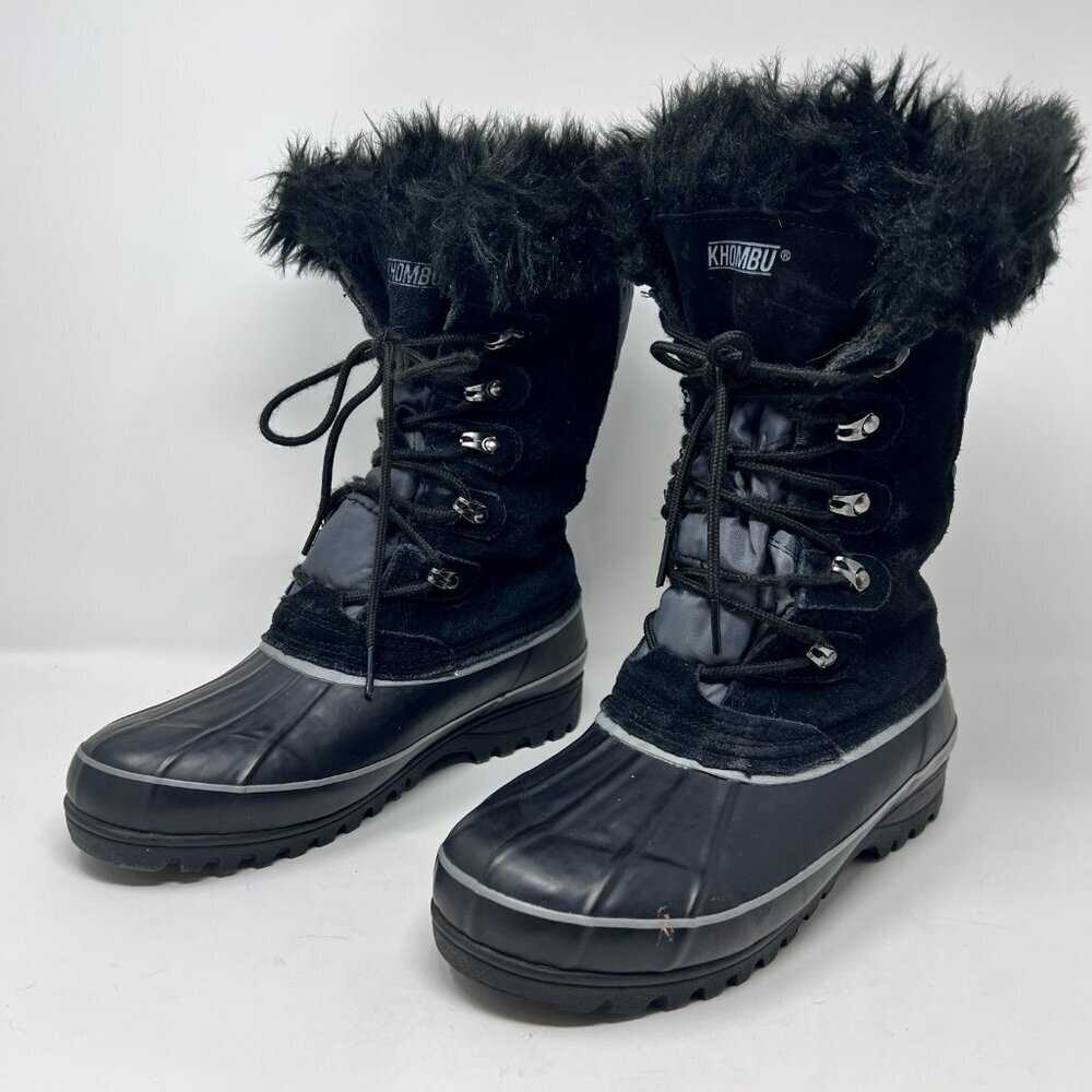 Khombu Nordic Women's Black Leather Waterproof Faux Fur Lace Boots Size 10
